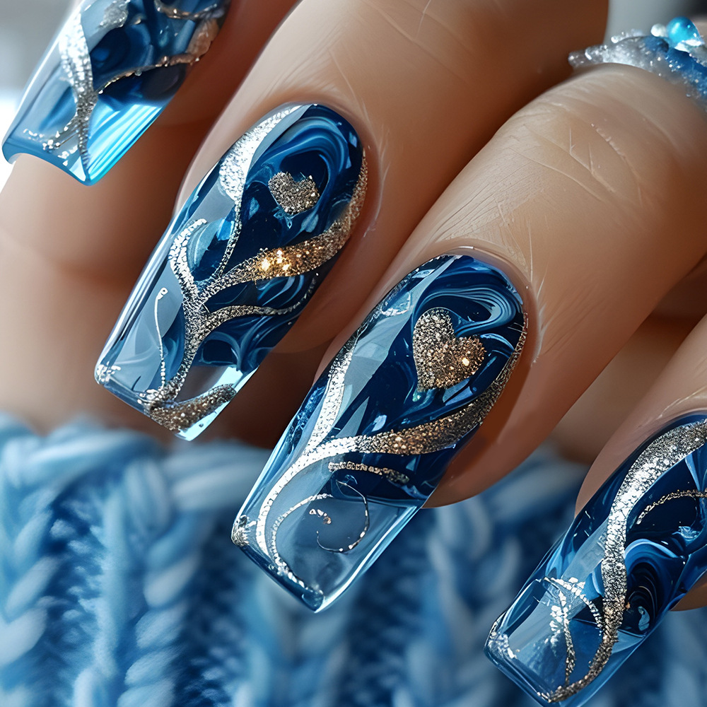 Nail Art Press On - 24 шт., синие накладные ногти Spicy